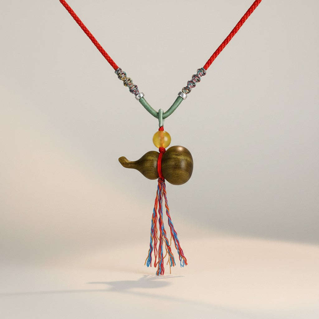 S925 Sterling Silver Charms Natural Green Sandalwood Gourd Pendant Yellow Agate Bead Cord Necklace