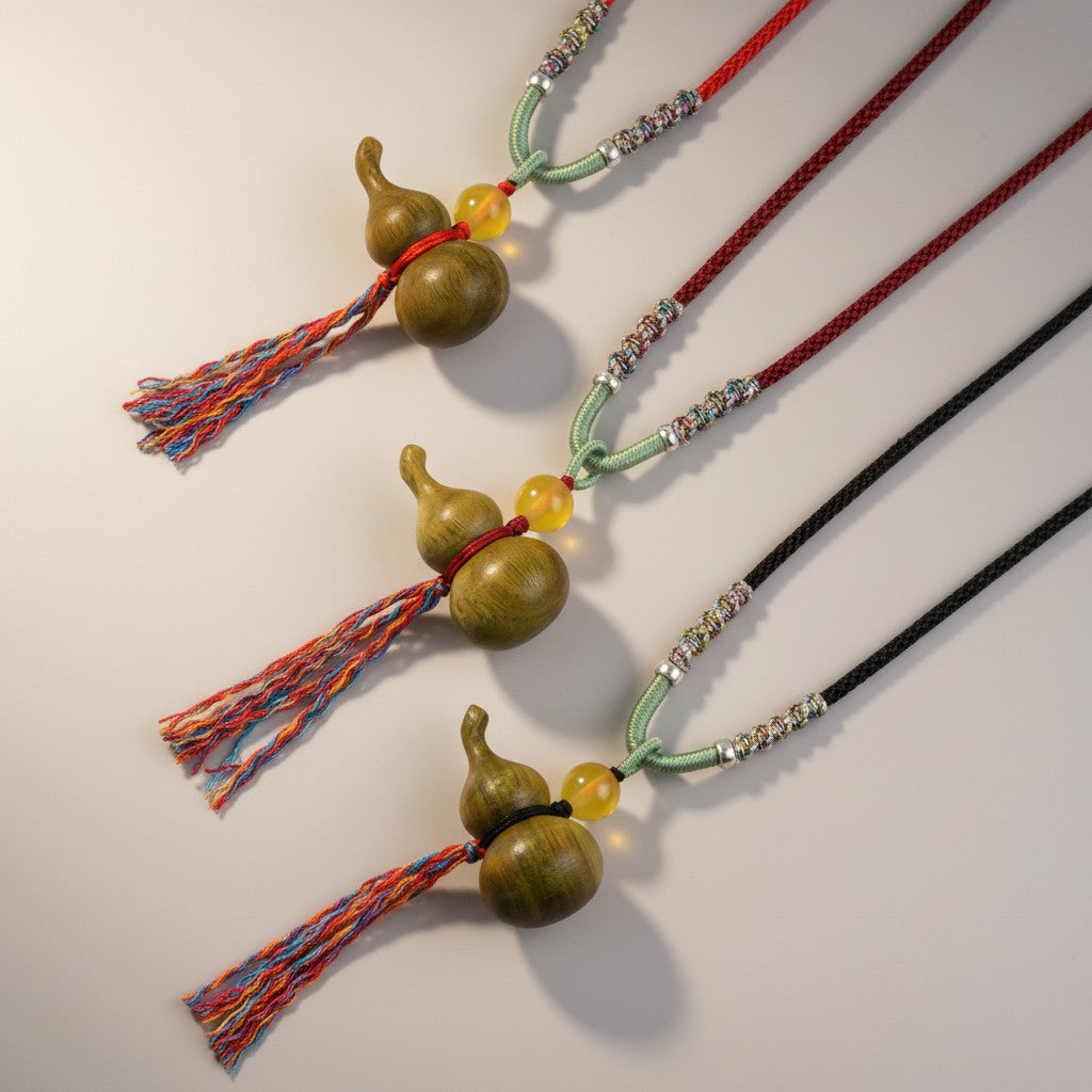 S925 Sterling Silver Charms Natural Green Sandalwood Gourd Pendant Yellow Agate Bead Cord Necklace