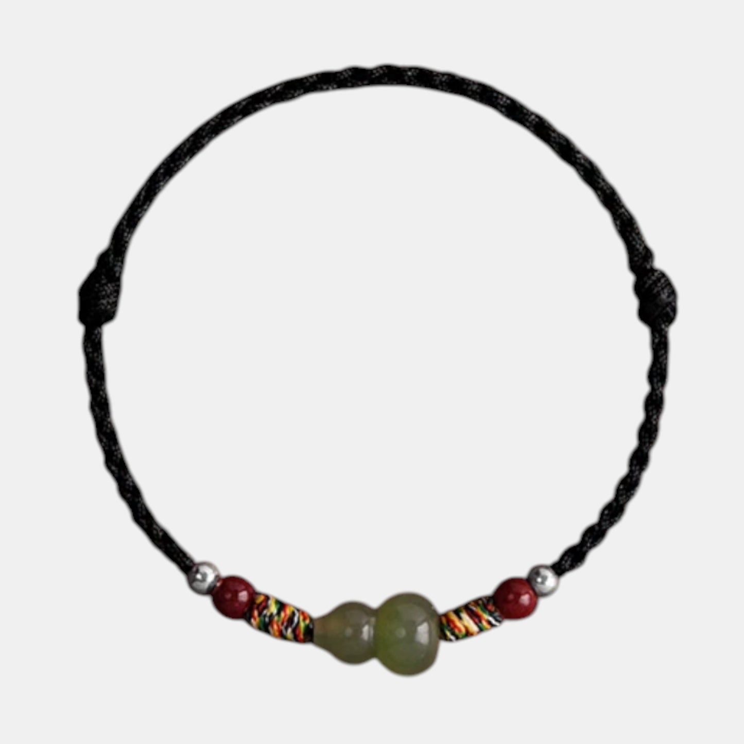 S925 Sterling Silver Natural Hetian Jade Lucky Gourd Beads Cinnabar Woven Cord Anklet Bracelet