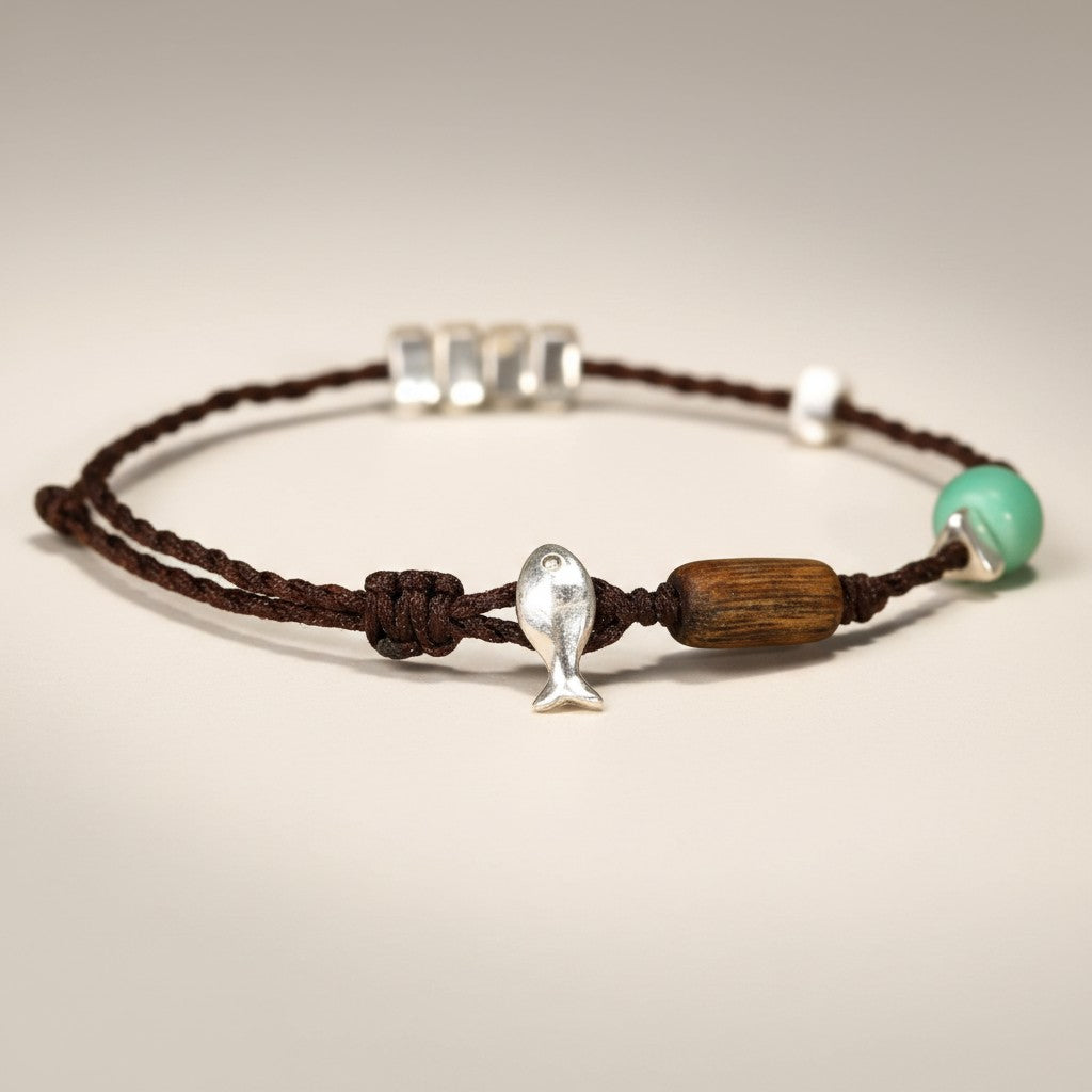 S925 s999 Sterling Silver Natural Wood Turquoise Charm Lucky Beads Woven Cord Bracelet