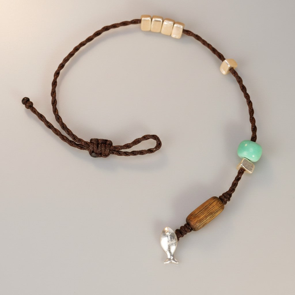 S925 s999 Sterling Silver Natural Wood Turquoise Charm Lucky Beads Woven Cord Bracelet