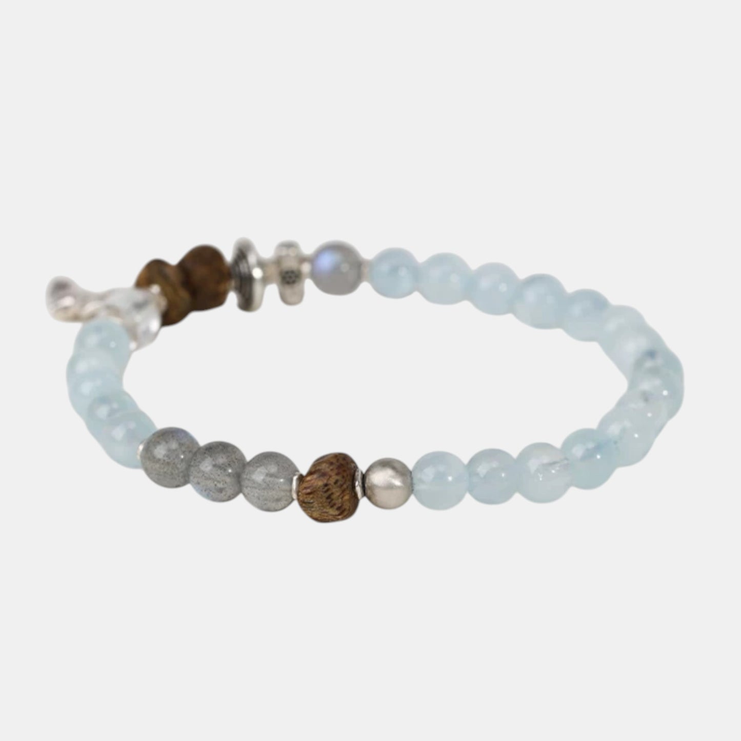 s925 Sterling Silver Moonstone Charm Beads Natural Aquamarine & Agarwood Bracelet