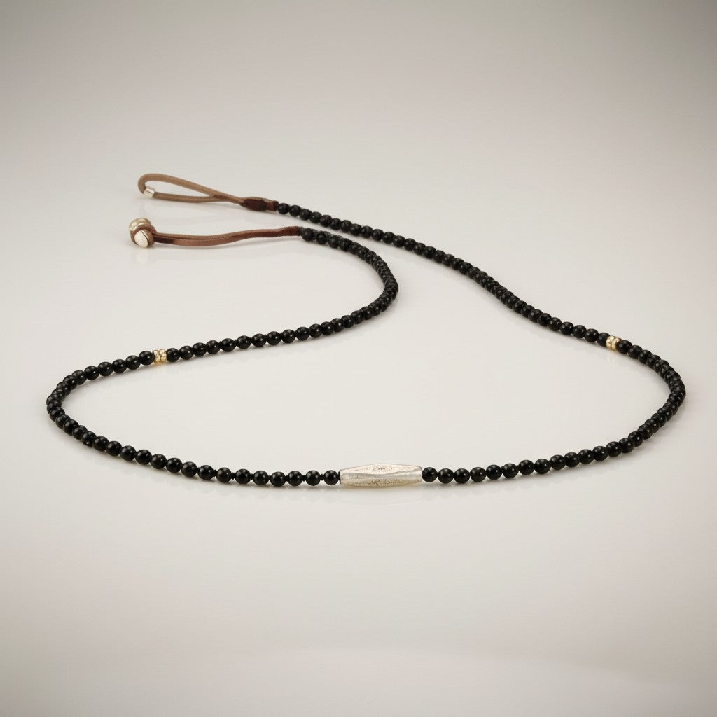 999 Fine Sterling Silver Charms Gourd Minimalist Black Agate Beads Necklace
