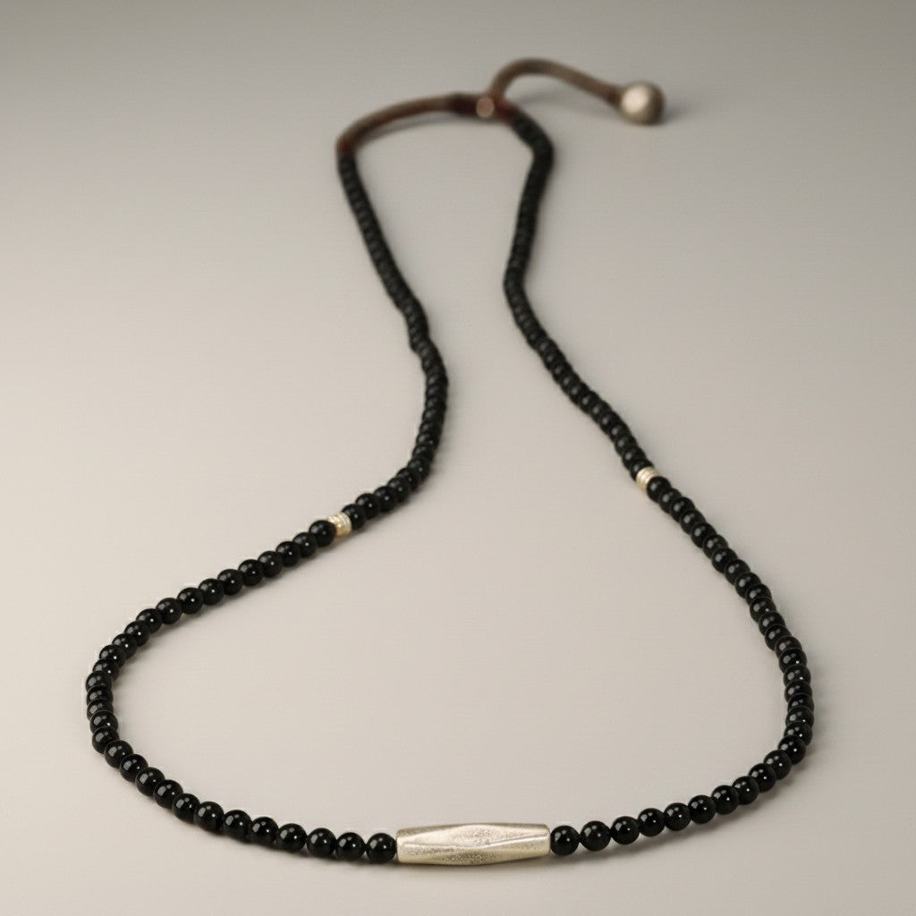 999 Fine Sterling Silver Charms Gourd Minimalist Black Agate Beads Necklace