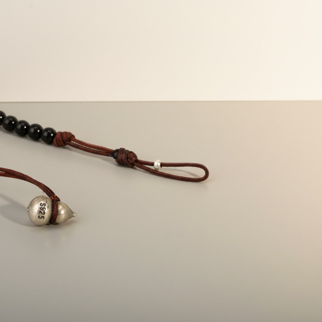 999 Fine Sterling Silver Charms Gourd Minimalist Black Agate Beads Necklace