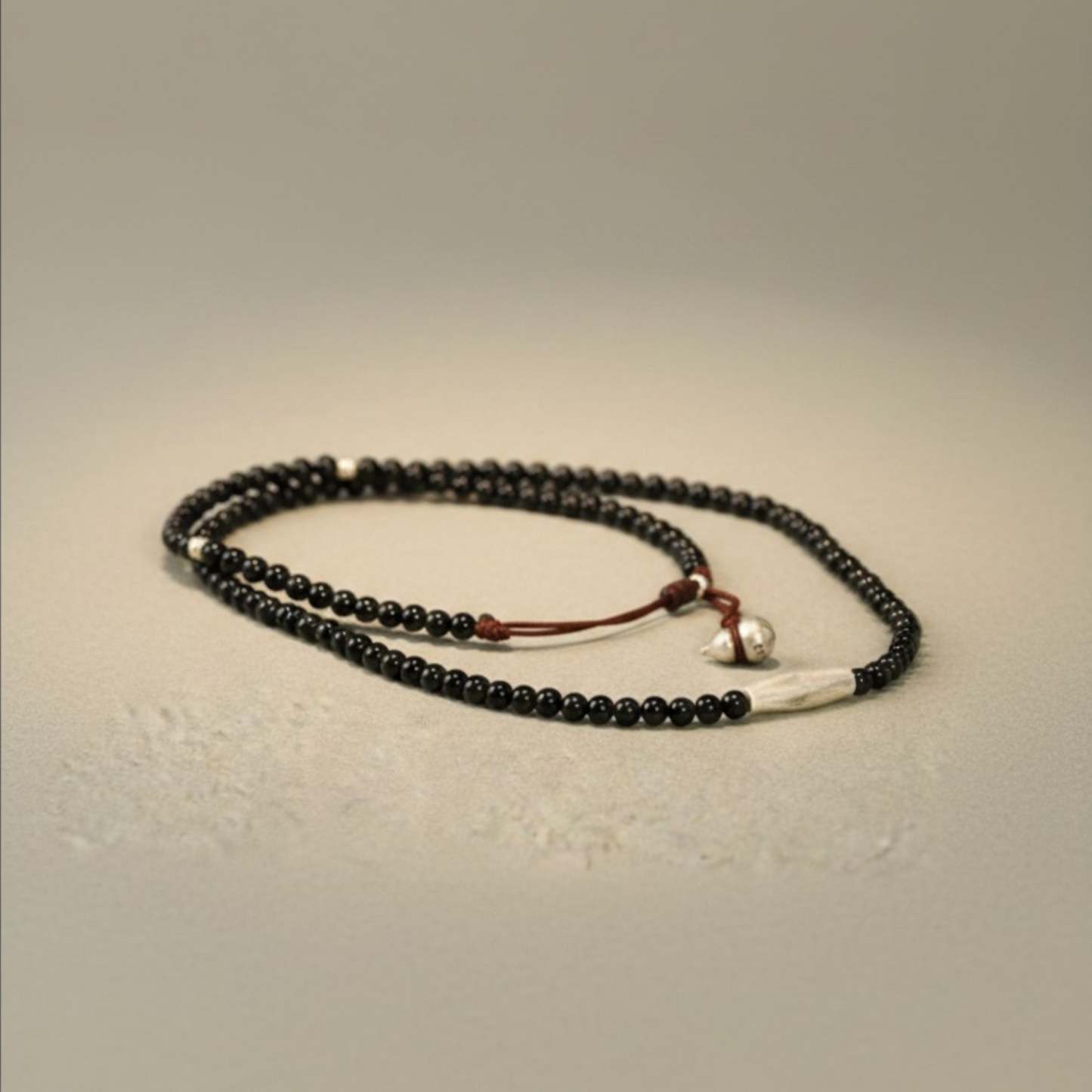999 Fine Sterling Silver Charms Gourd Minimalist Black Agate Beads Necklace