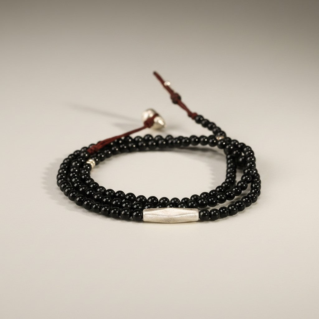 999 Fine Sterling Silver Charms Gourd Minimalist Black Agate Beads Necklace