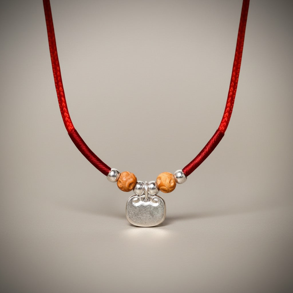s999 s925 Solid Sterling Silver Minimal Ruyi Lock Charm Owner & Pet Matching Thread Cord Collar Necklace