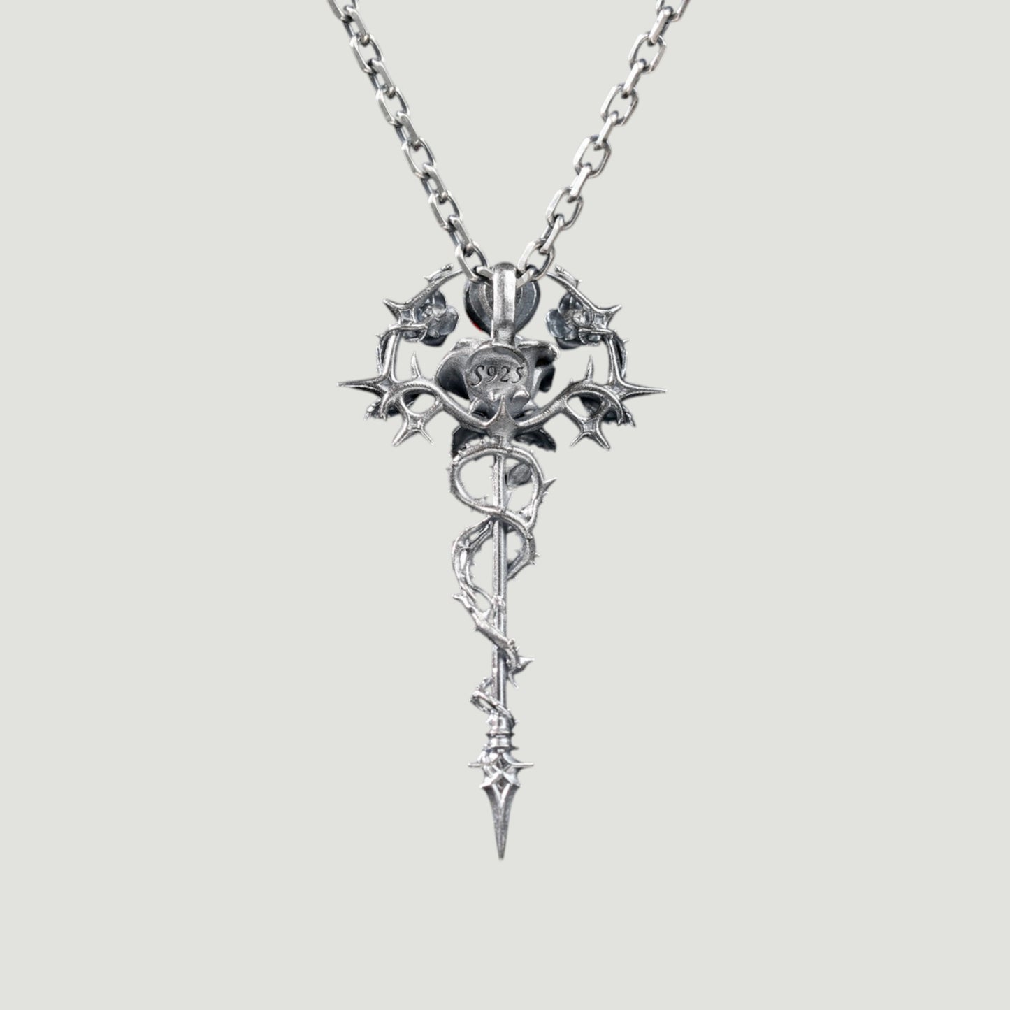 s925 Sterling Silver Thorn Rose Pendant with Garnet Cross Charm Unisex Gothic style