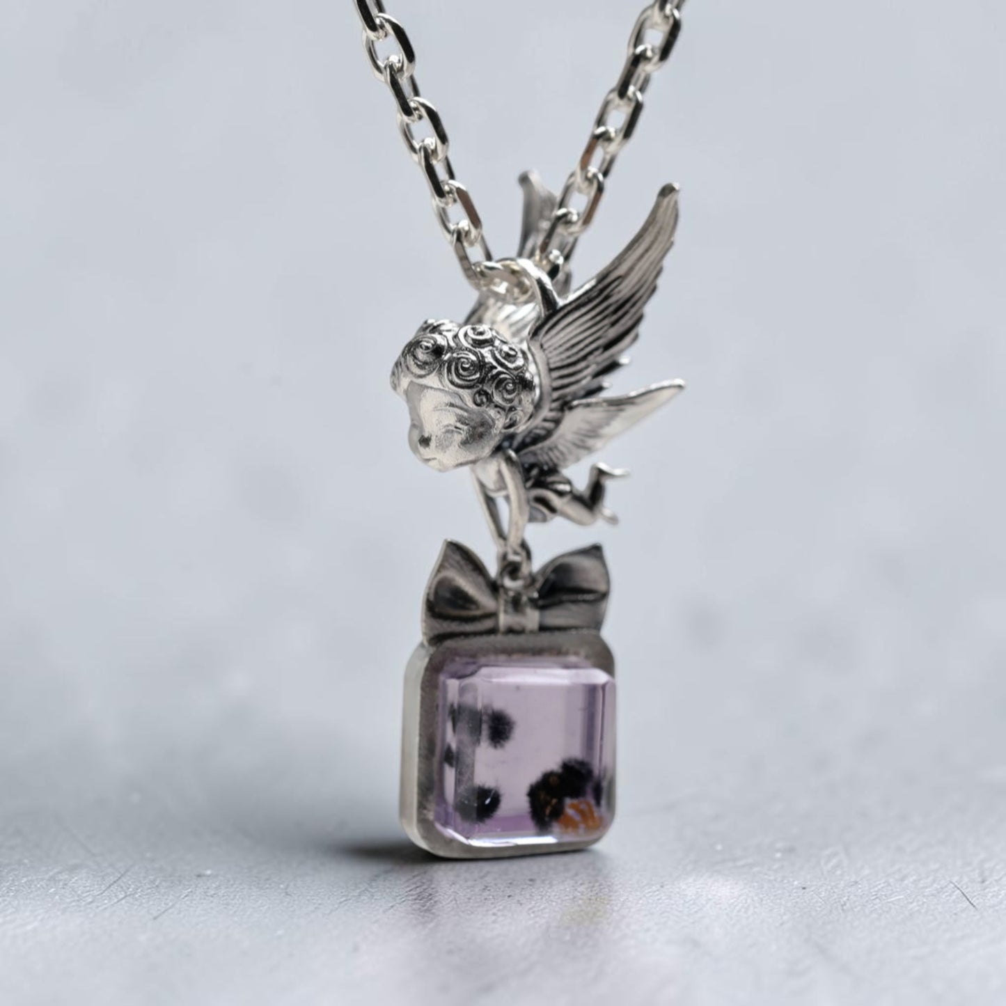 s925 Sterling Silver Little Angel Pendant with Amethyst Gemstone Cute Bow Necklace