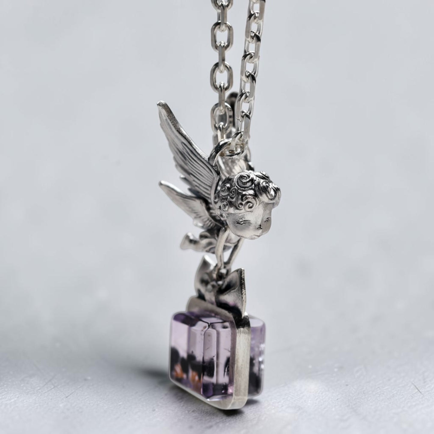 s925 Sterling Silver Little Angel Pendant with Amethyst Gemstone Cute Bow Necklace