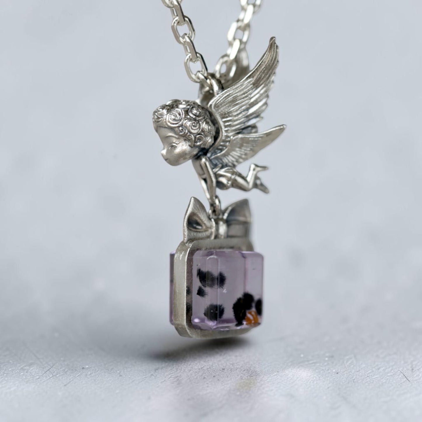 s925 Sterling Silver Little Angel Pendant with Amethyst Gemstone Cute Bow Necklace