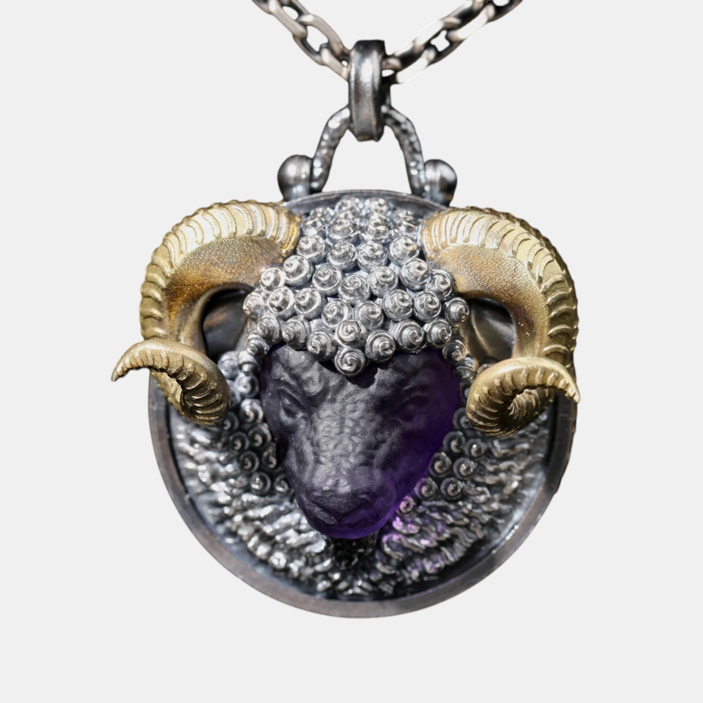 s925 Sterling Silver Zodiac Sheep Head Pendant with Amethyst Necklace