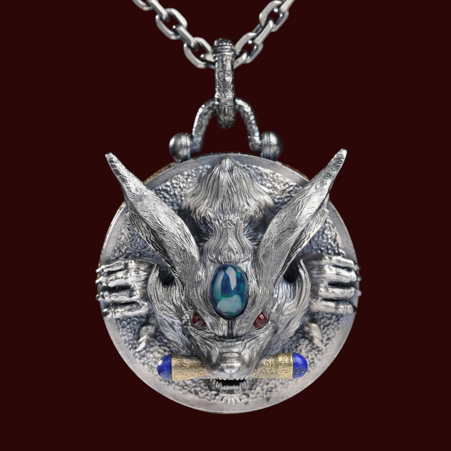 s925 Sterling Silver Vintage Nine-Tailed Fox Spirit Mystic Round Pendant Necklace