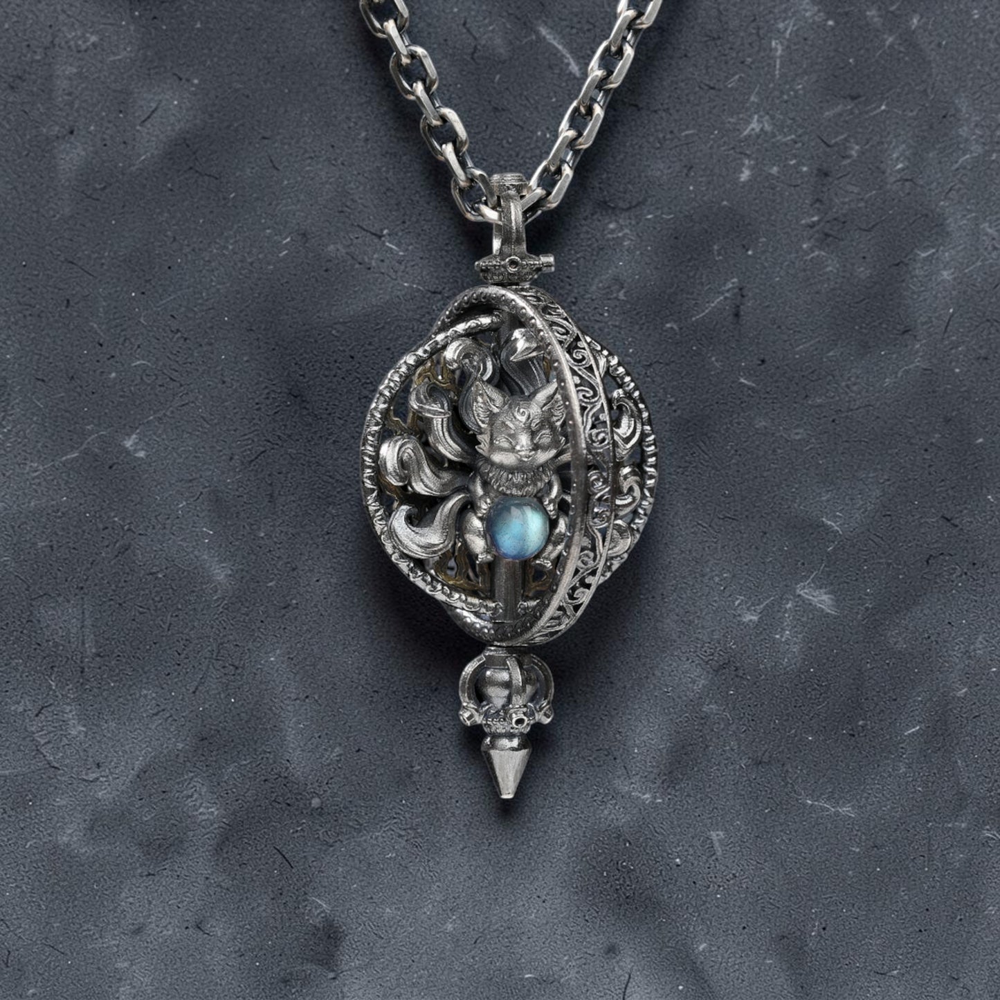 s925 Sterling Silver Vintage Nine-Tailed Fox Spirit Mystic Round Pendant Necklace