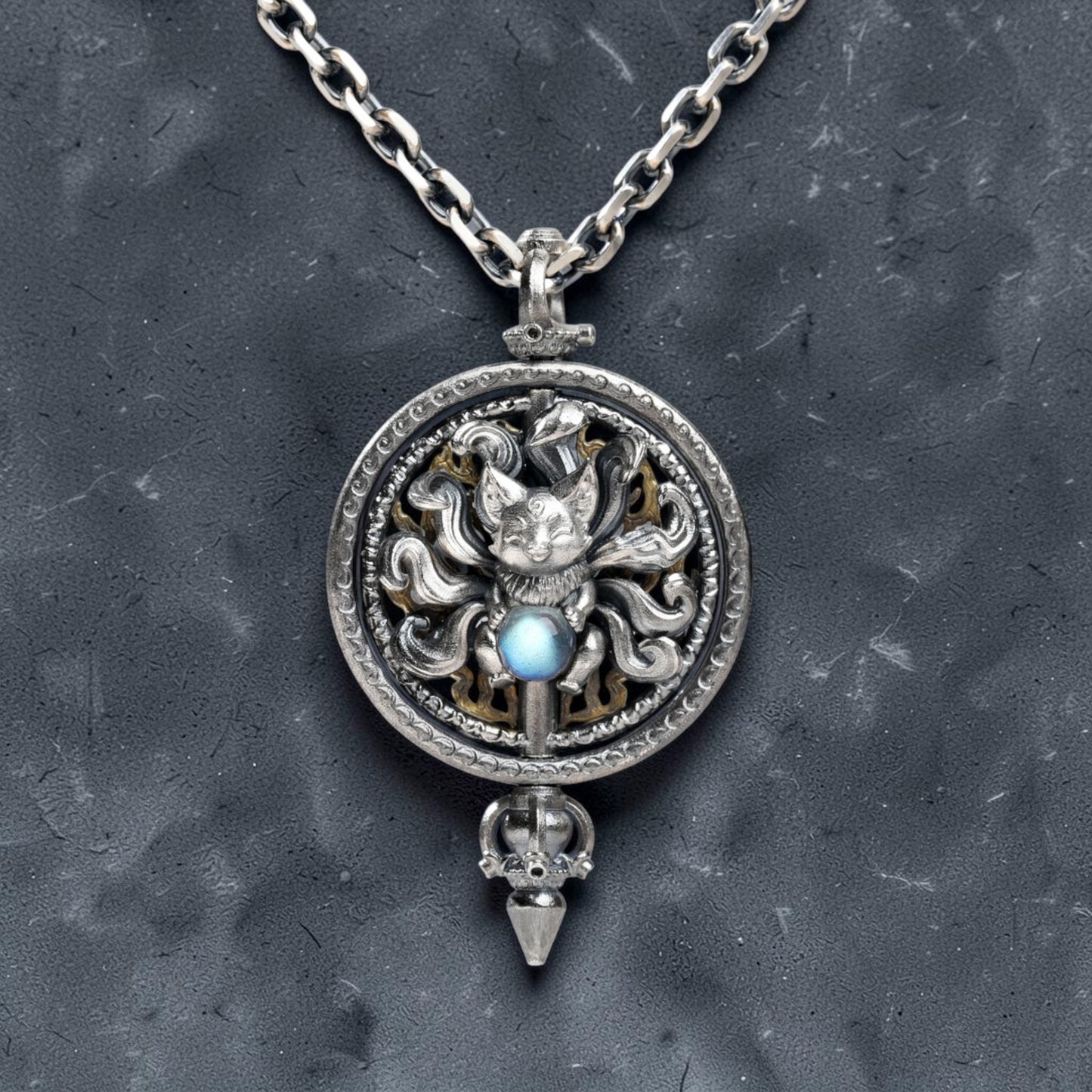 s925 Sterling Silver Vintage Nine-Tailed Fox Spirit Mystic Round Pendant Necklace