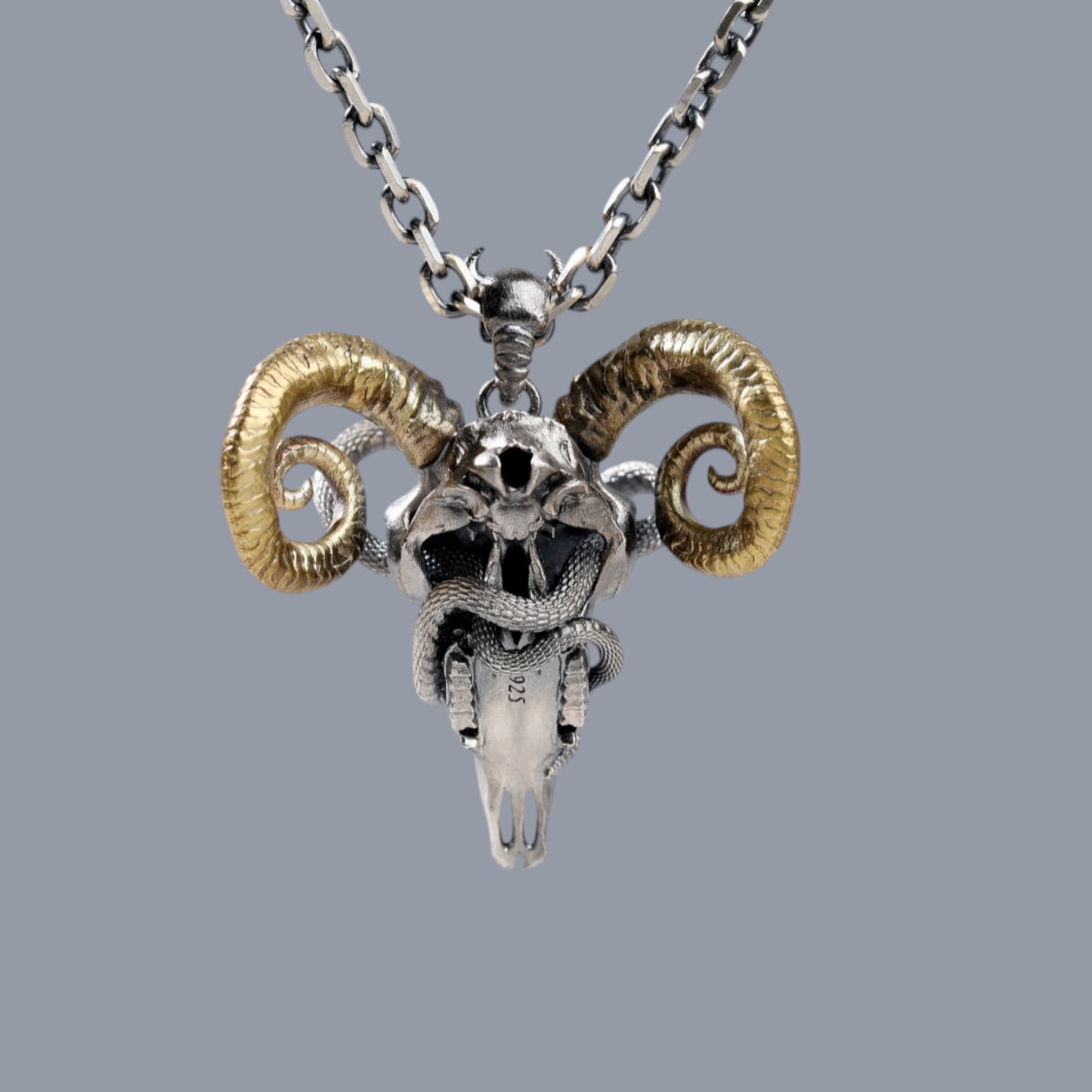 s925 Sterling Silver Skull Ram Sheep Snake Design Pendant Necklace