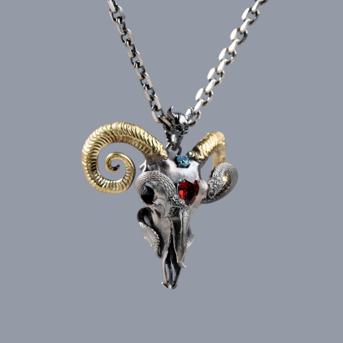 s925 Sterling Silver Skull Ram Sheep Snake Design Pendant Necklace