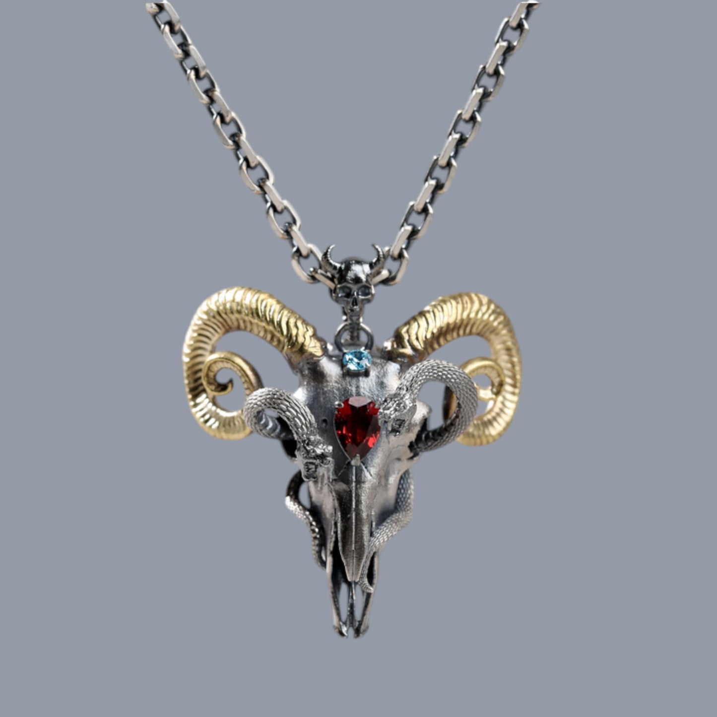 s925 Sterling Silver Skull Ram Sheep Snake Design Pendant Necklace