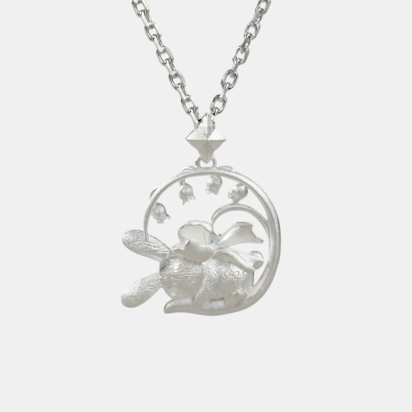 s925 Sterling Silver Cute Sleeping Rabbit Bunny Topaz Round Pendant Necklace