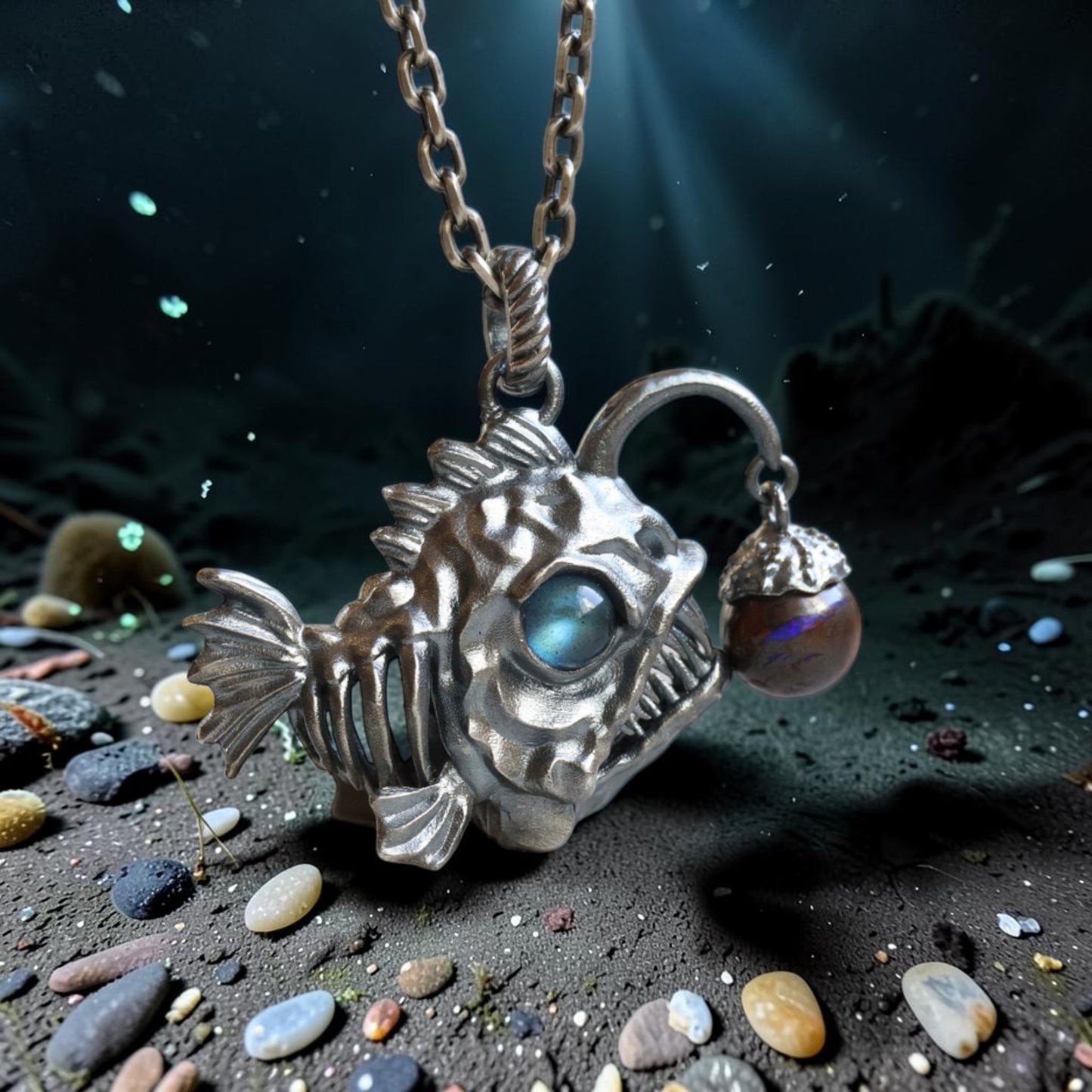 s925 Sterling Silver Anglerfish Fish Pendant Labradorite Opal Necklace