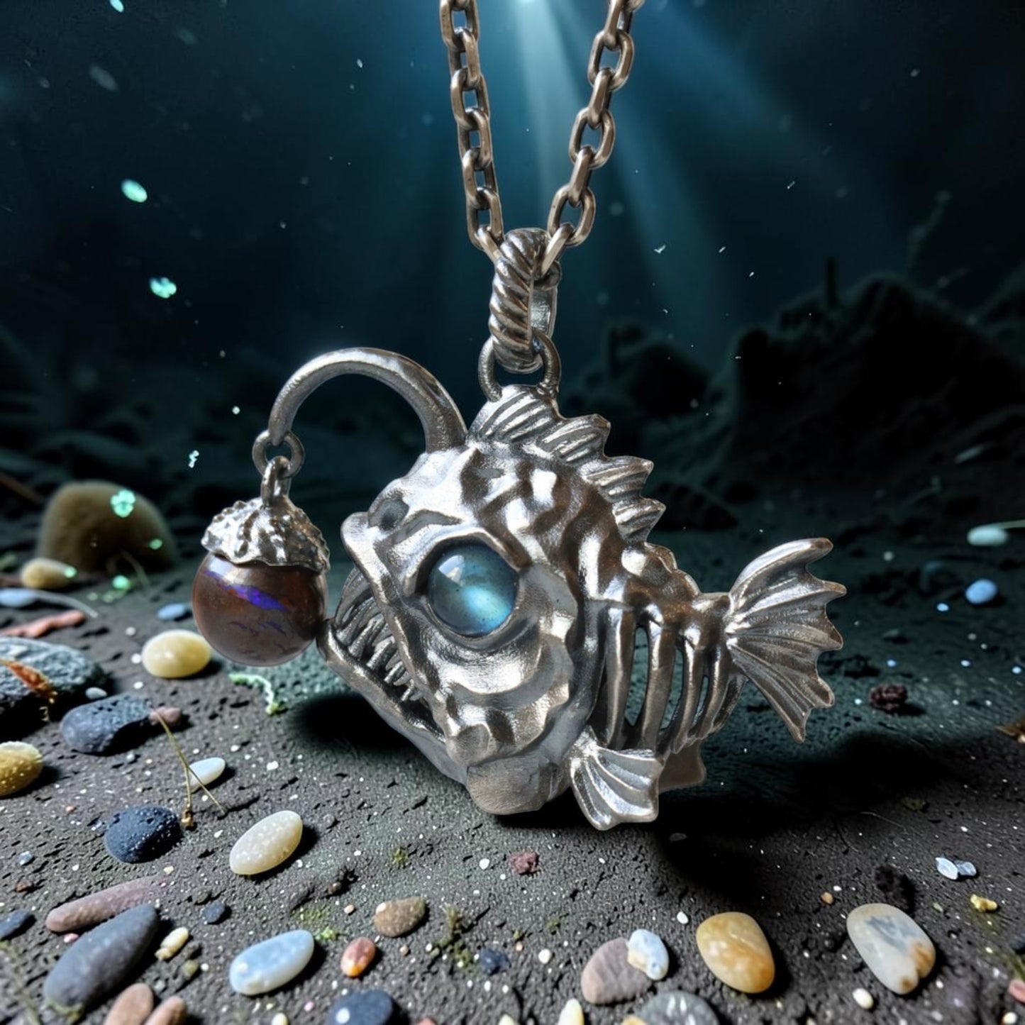 s925 Sterling Silver Anglerfish Fish Pendant Labradorite Opal Necklace