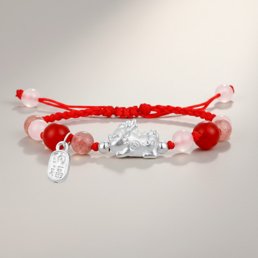 s925 Sterling Silver Pixiu Charm Quartz Agate Obsidian String Bracelet Men and Women