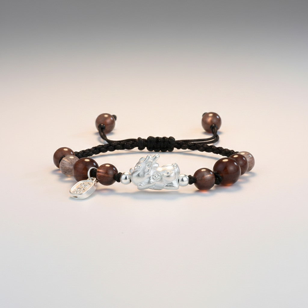 s925 Sterling Silver Pixiu Charm Quartz Agate Obsidian String Bracelet Men and Women