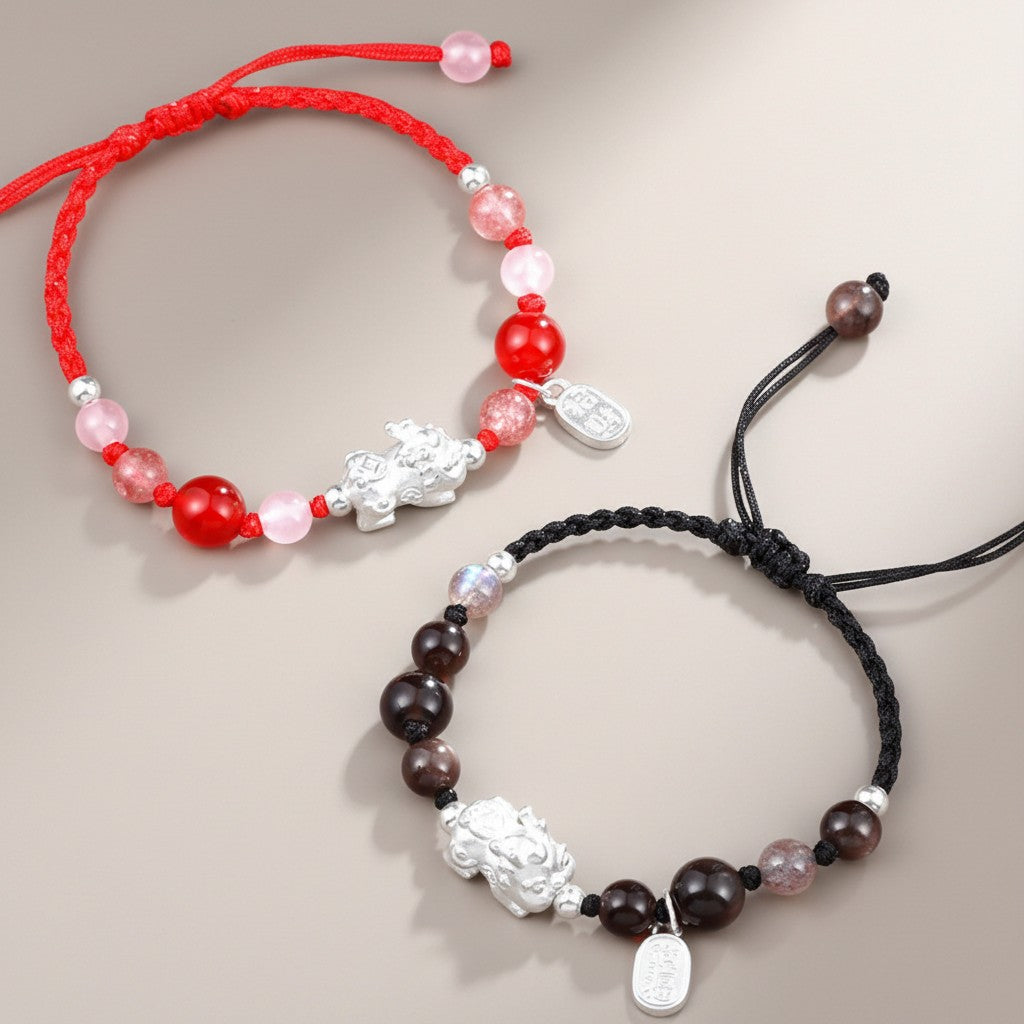 s925 Sterling Silver Pixiu Charm Quartz Agate Obsidian String Bracelet Men and Women