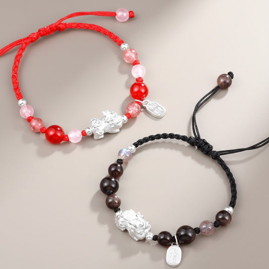 s925 Sterling Silver Pixiu Charm Quartz Agate Obsidian String Bracelet Men and Women