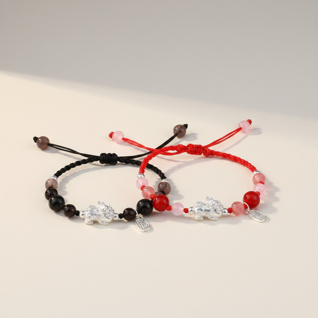 s925 Sterling Silver Pixiu Charm Quartz Agate Obsidian String Bracelet Men and Women