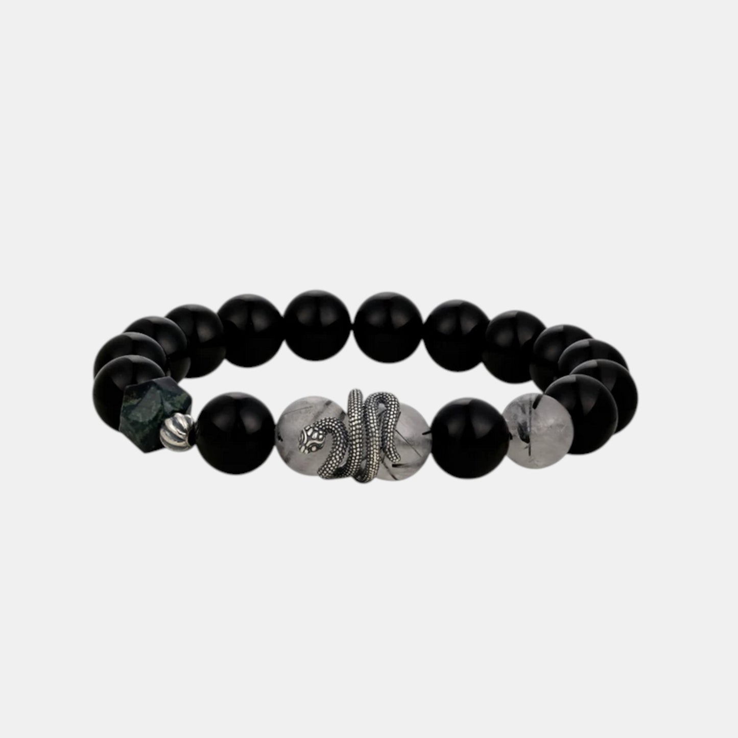 s925 Sterling Silver Snake Lucky Bead Men Bracelet Obsidian Rutilated Quartz Beads