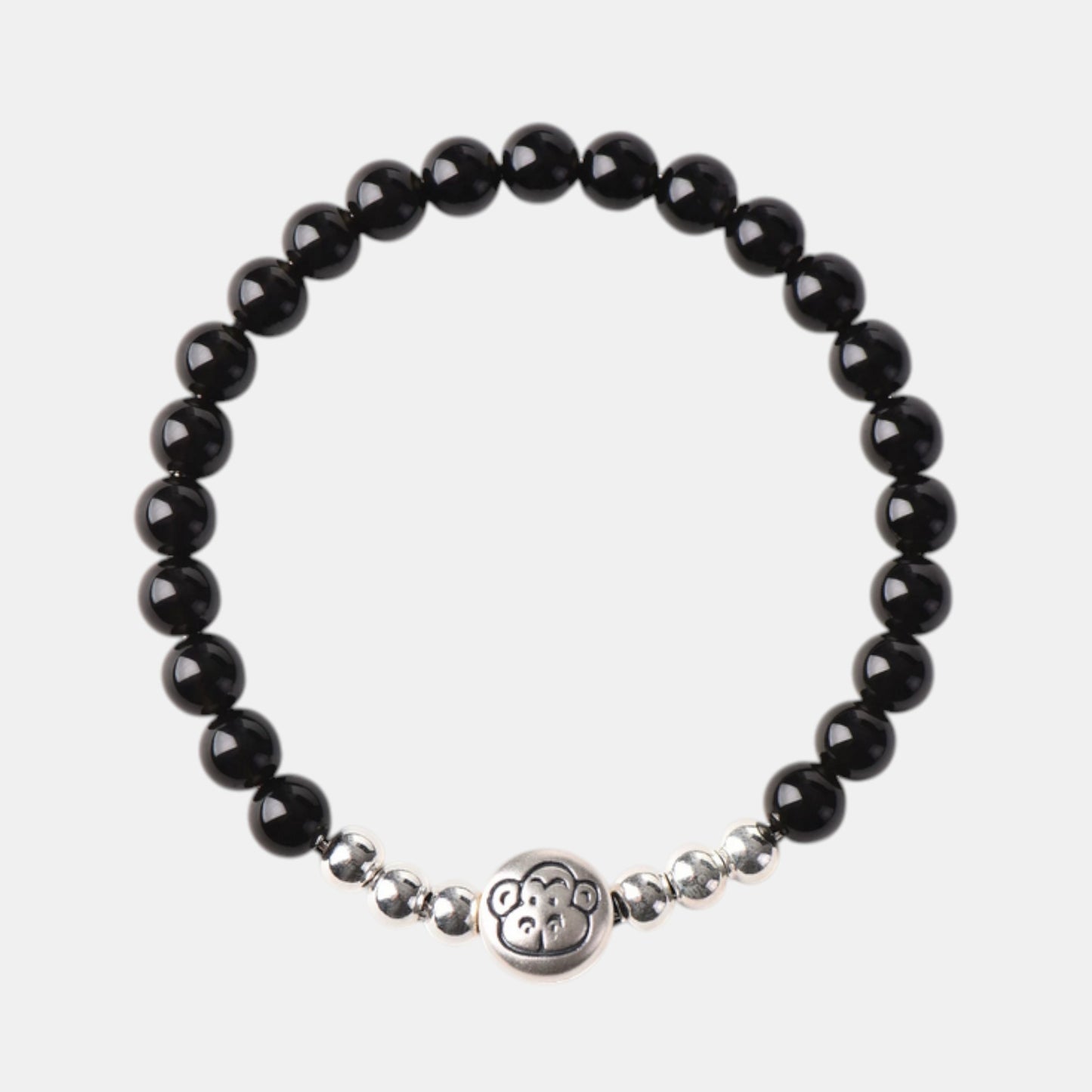 999 Fine Sterling Silver Natural Obsidian Beaded Chinese Zodiac Sheep Charm Braided Bracelet