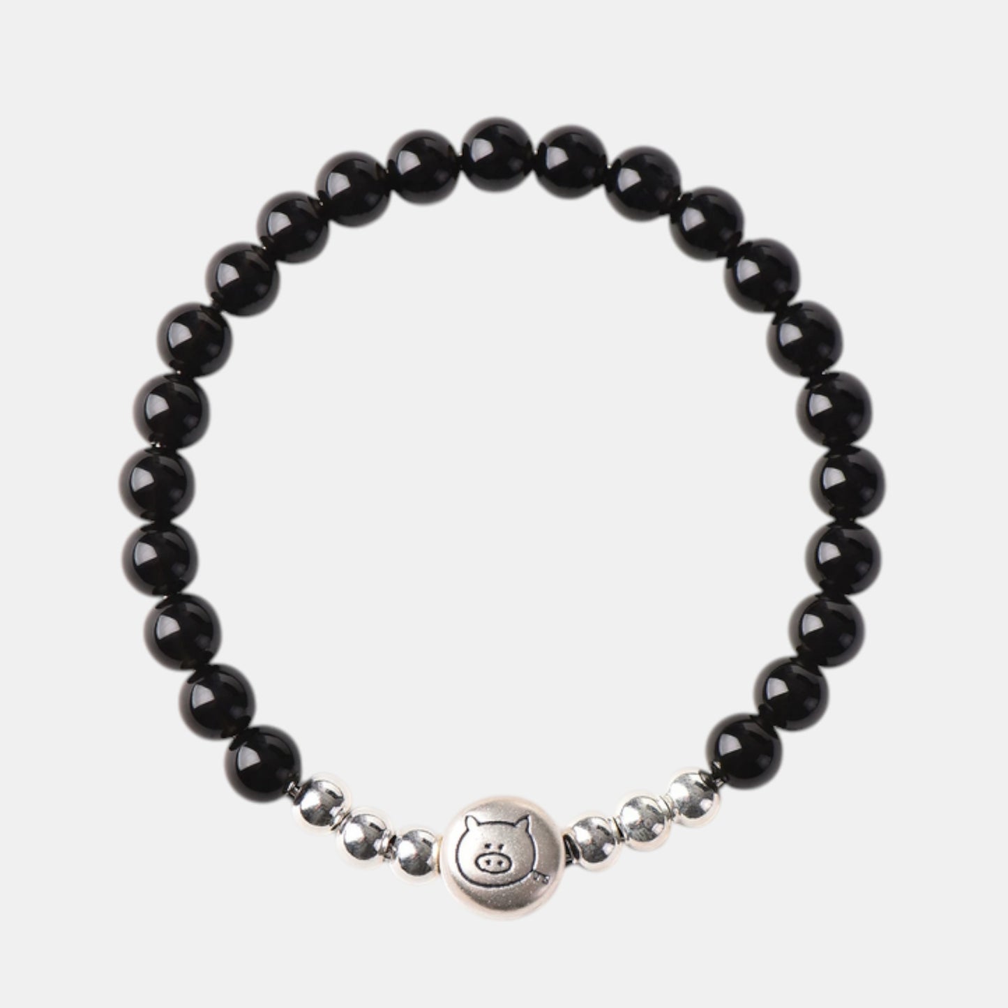 999 Fine Sterling Silver Natural Obsidian Beaded Chinese Zodiac Sheep Charm Braided Bracelet