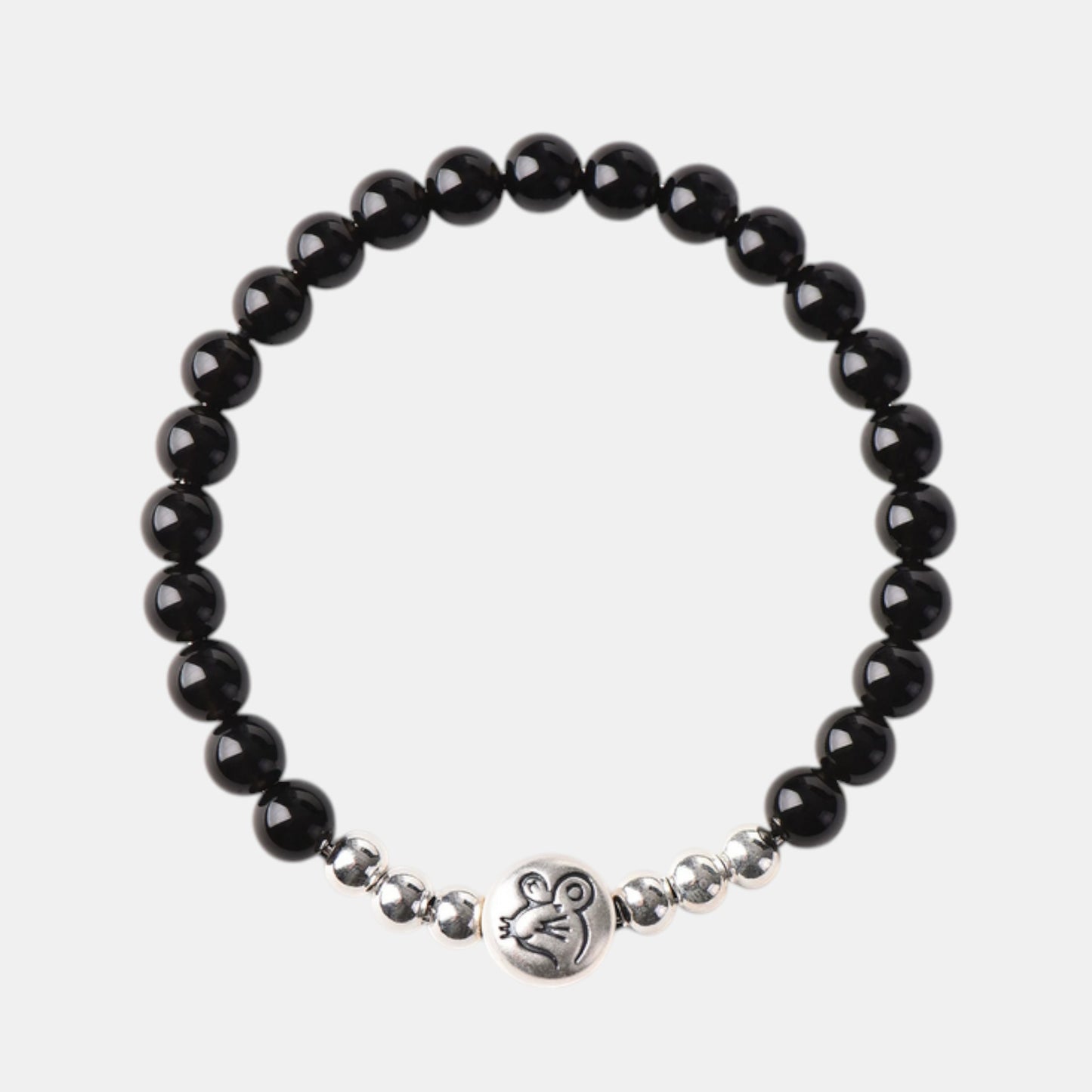999 Fine Sterling Silver Natural Obsidian Beaded Chinese Zodiac Sheep Charm Braided Bracelet