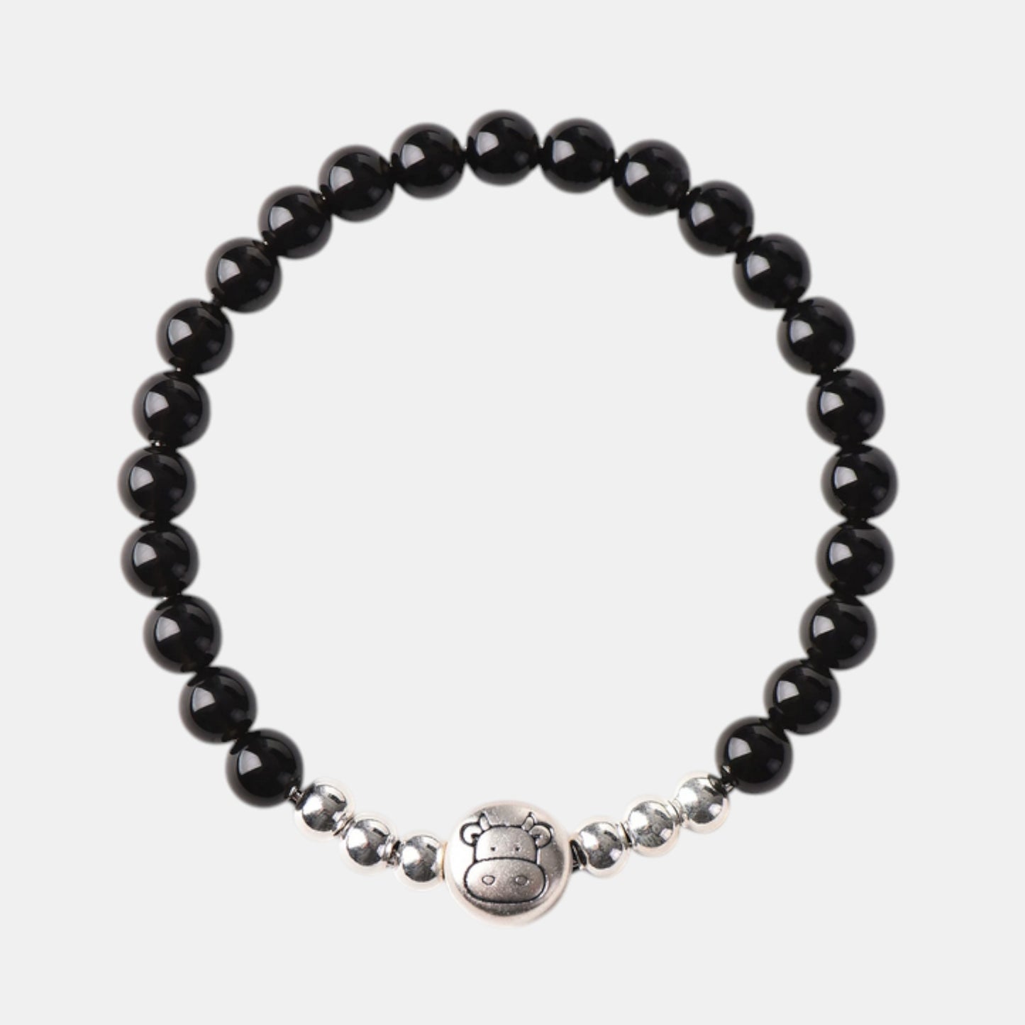 999 Fine Sterling Silver Natural Obsidian Beaded Chinese Zodiac Sheep Charm Braided Bracelet