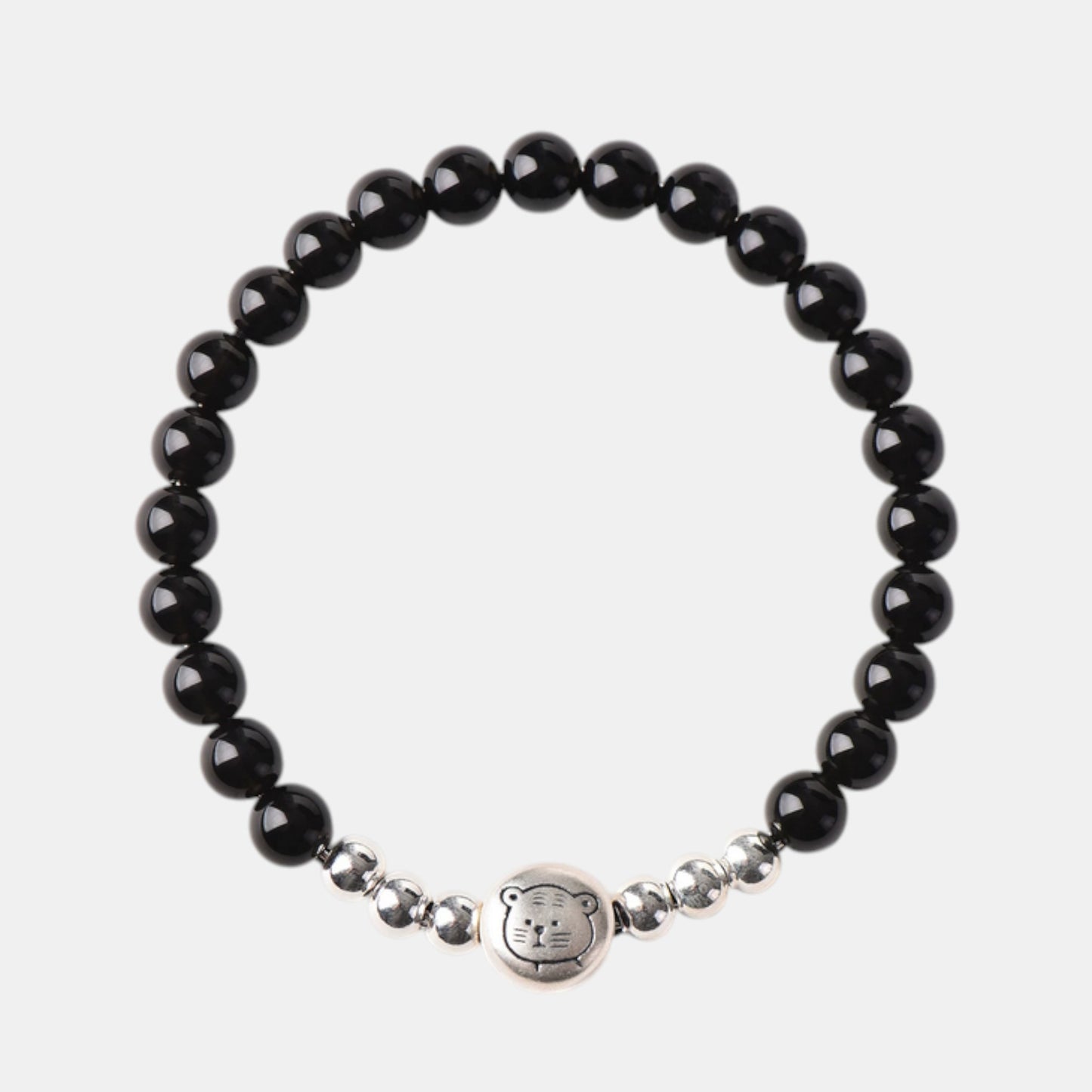 999 Fine Sterling Silver Natural Obsidian Beaded Chinese Zodiac Sheep Charm Braided Bracelet