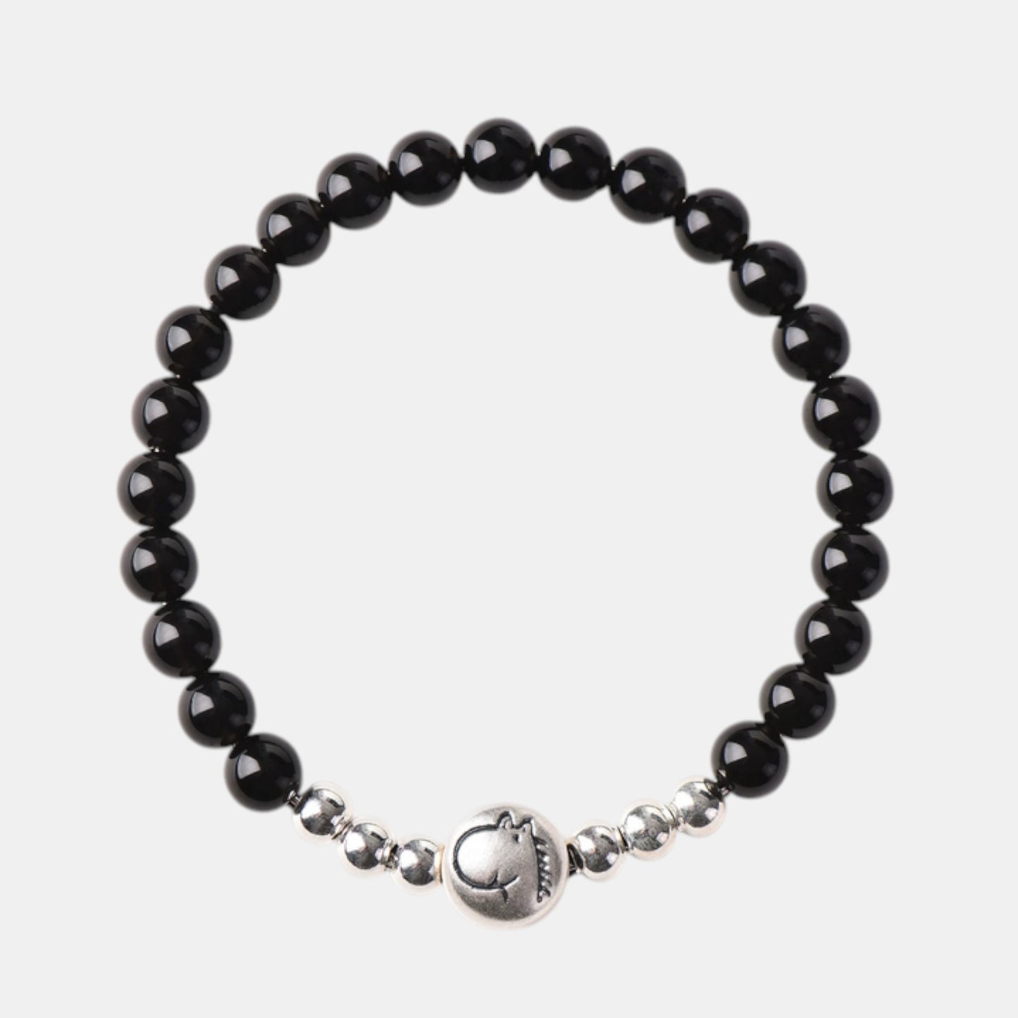 999 Fine Sterling Silver Natural Obsidian Beaded Chinese Zodiac Sheep Charm Braided Bracelet