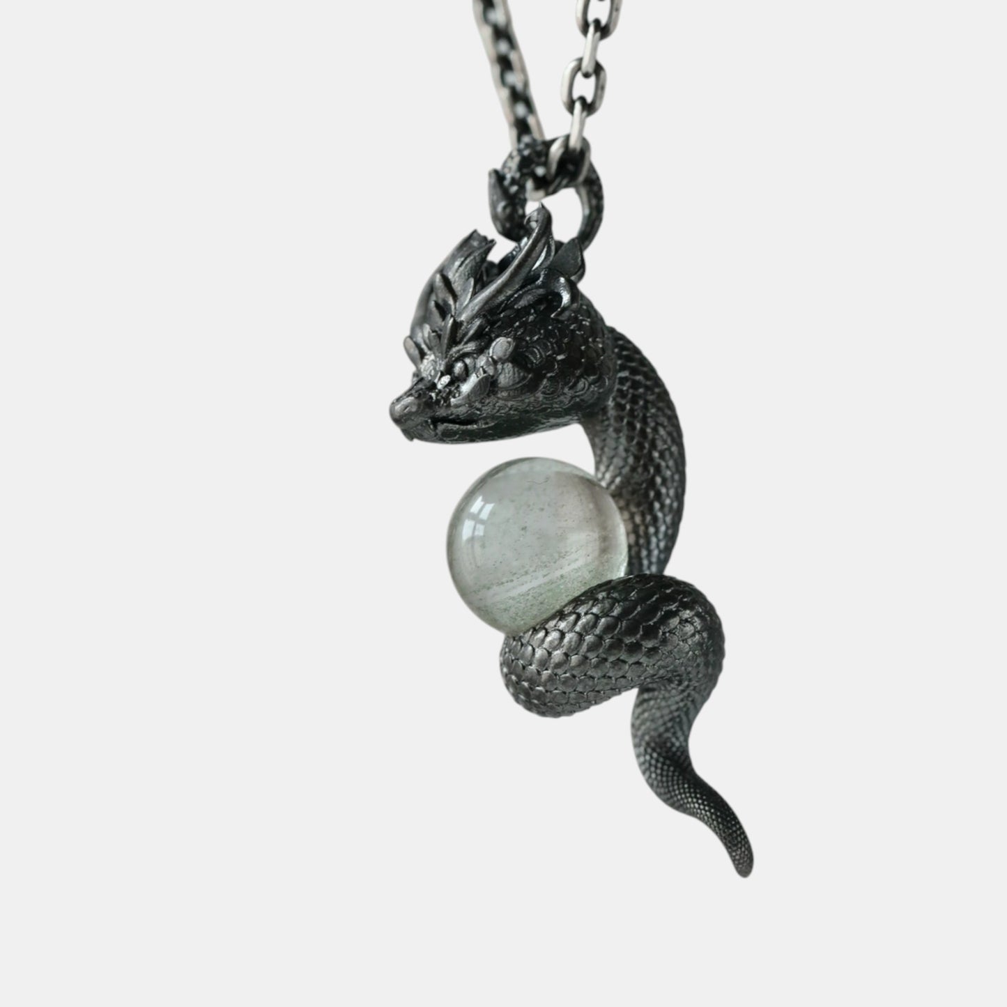 s925 Sterling Silver Snake Dragon Charm Phantom Quartz Pendant and Necklace