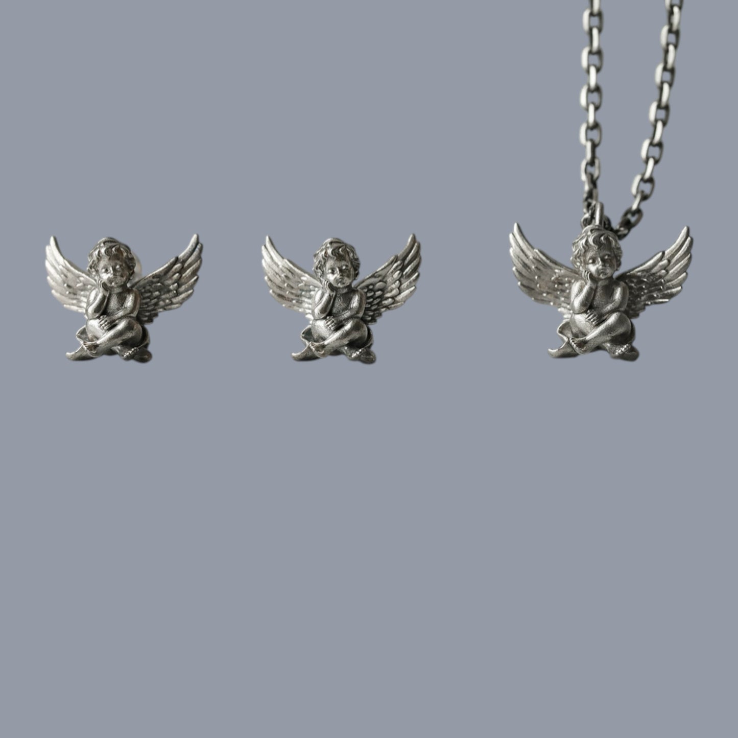 s925 Sterling Silver Vintage Cupid Angel Pendant and Earrings