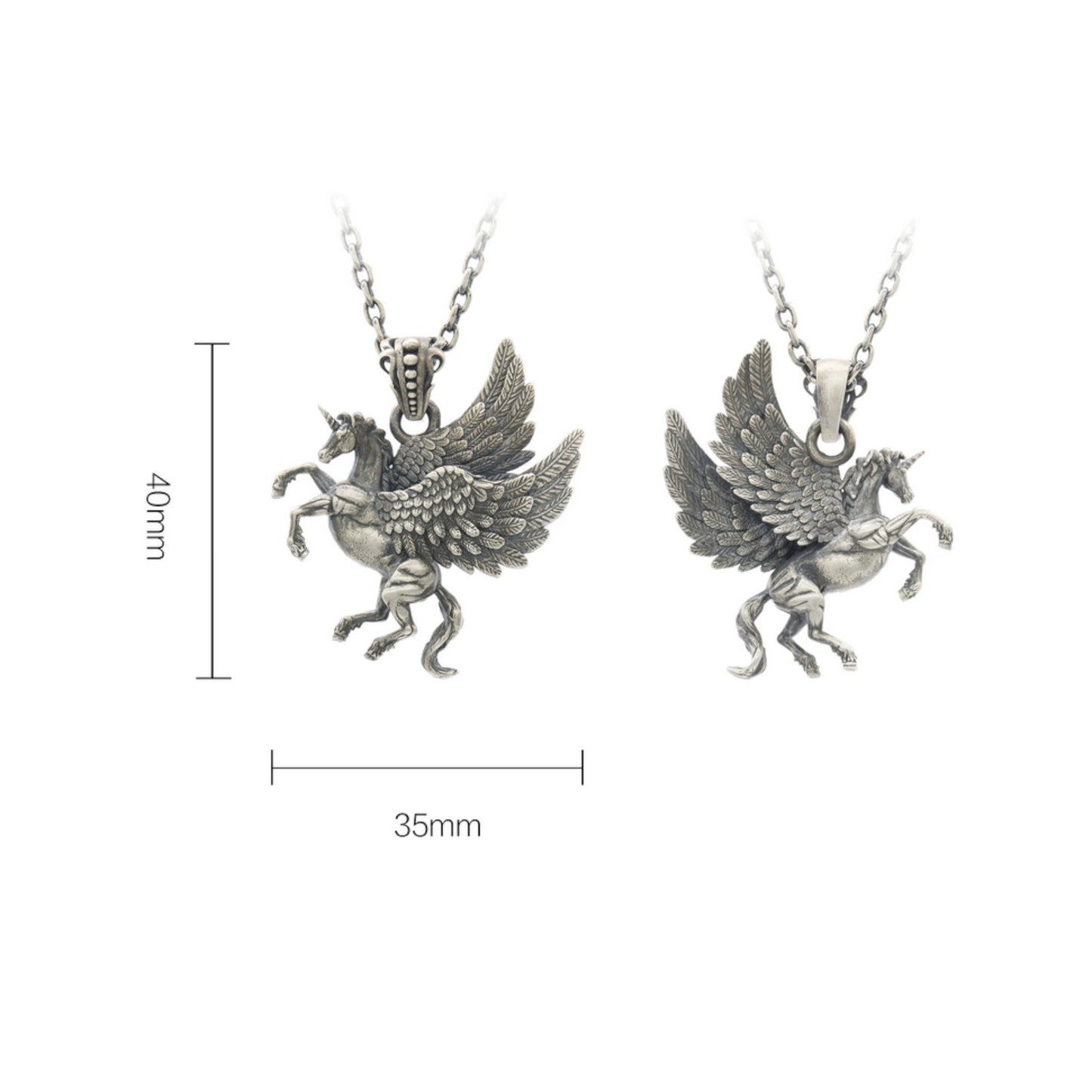 s925 Sterling Silver Vintage Double Side Flying Wing Unicorn Horse Pendant Necklace