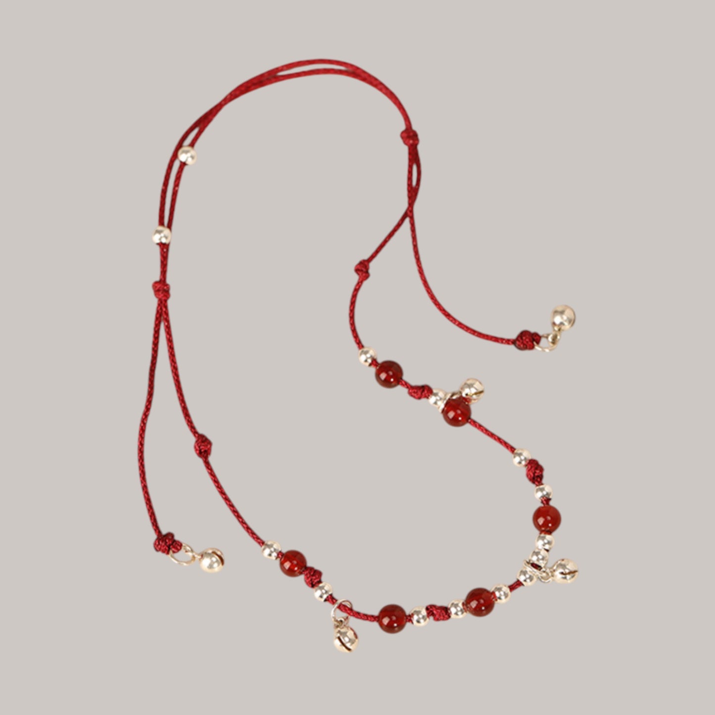 s925 990 Red Agate Sterling Silver Bell Red String Anklet Lucky Fortune Bead
