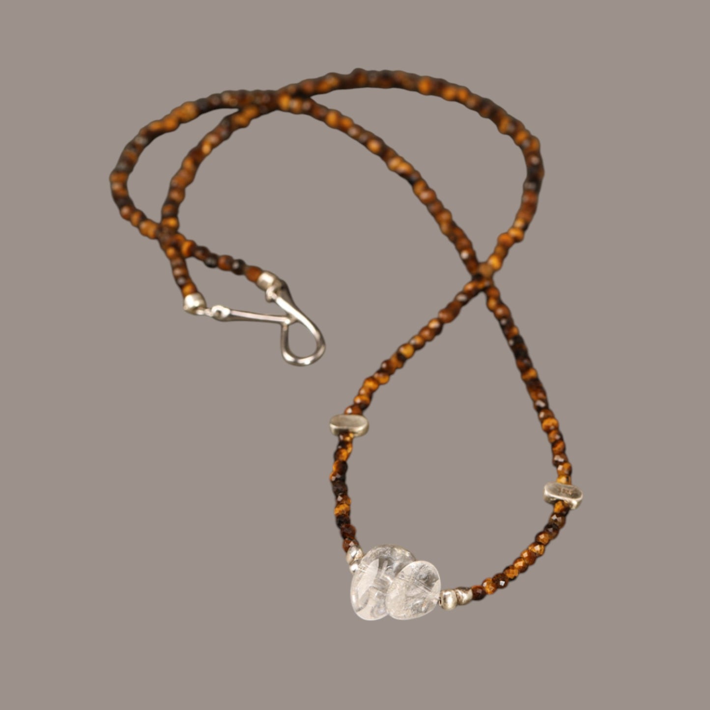 s925 Sterling Silver Natural Clear Quartz Tiger's Eye Choker Necklace