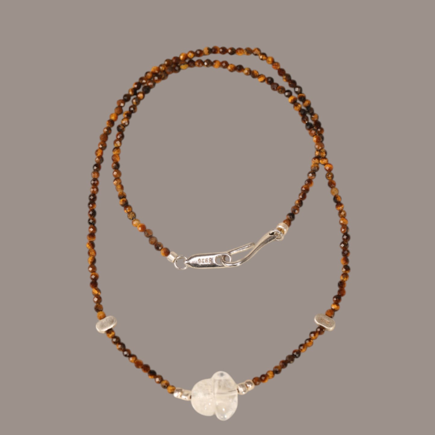 s925 Sterling Silver Natural Clear Quartz Tiger's Eye Choker Necklace