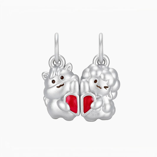 S925 Sterling Silver Chinese Zodiac Horse Sheep Enamel Magnet Pendant Charm