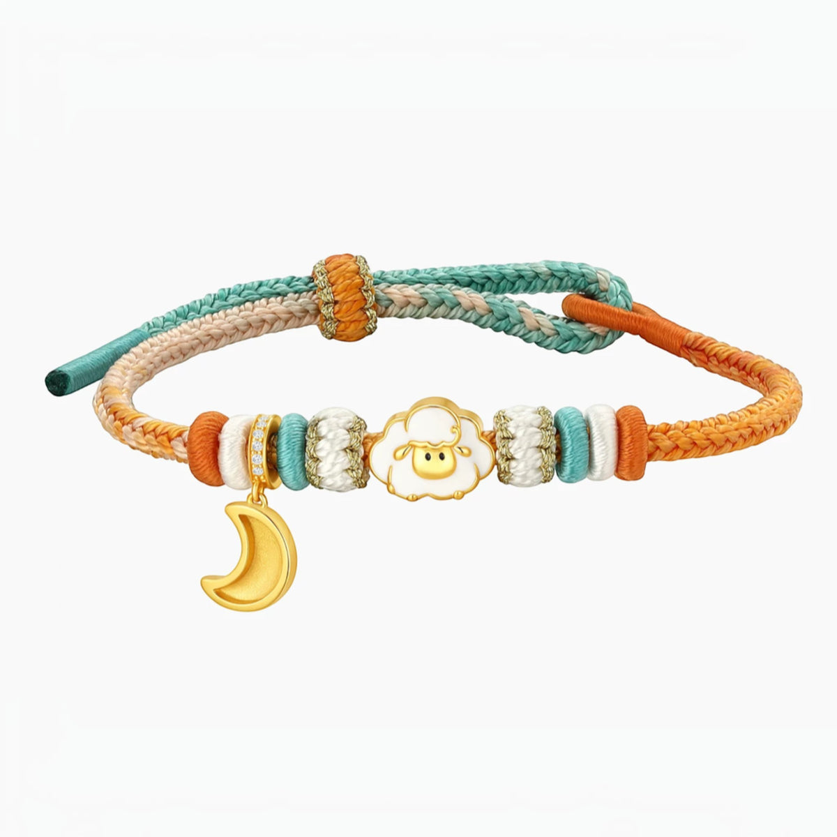 S925 Sterling Silver Zodiac Chinese Year of Sheep Cute Charm Moon Star Cord Bracelet Kid and Adult