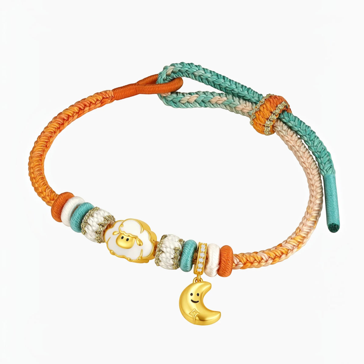 S925 Sterling Silver Zodiac Chinese Year of Sheep Cute Charm Moon Star Cord Bracelet Kid and Adult