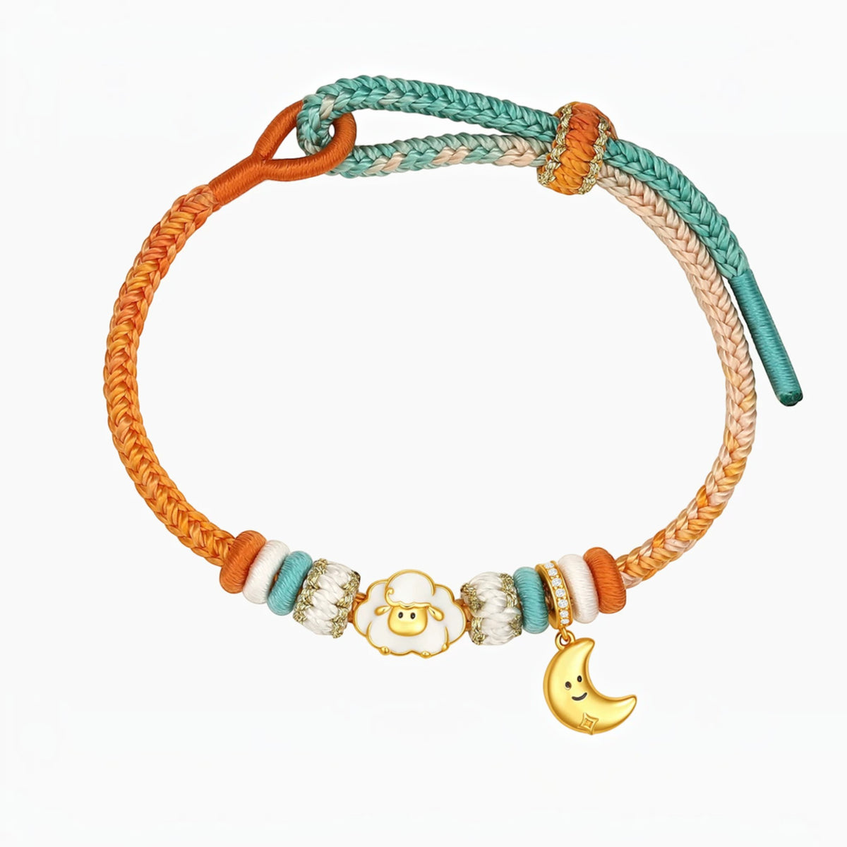 S925 Sterling Silver Zodiac Chinese Year of Sheep Cute Charm Moon Star Cord Bracelet Kid and Adult