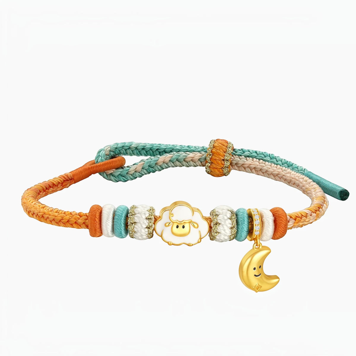 S925 Sterling Silver Zodiac Chinese Year of Sheep Cute Charm Moon Star Cord Bracelet Kid and Adult