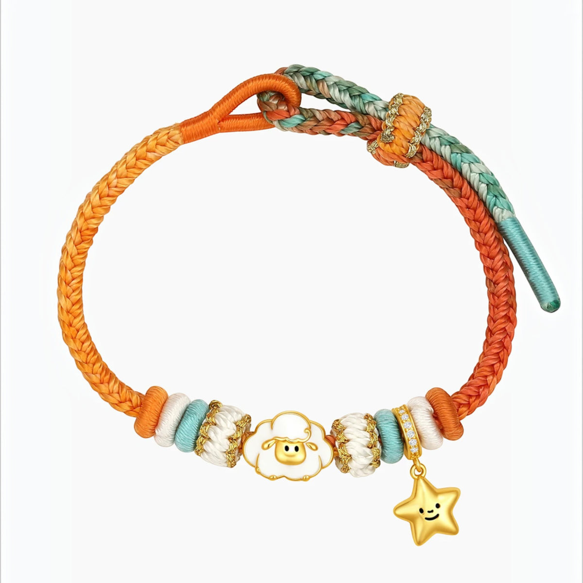 S925 Sterling Silver Zodiac Chinese Year of Sheep Cute Charm Moon Star Cord Bracelet Kid and Adult